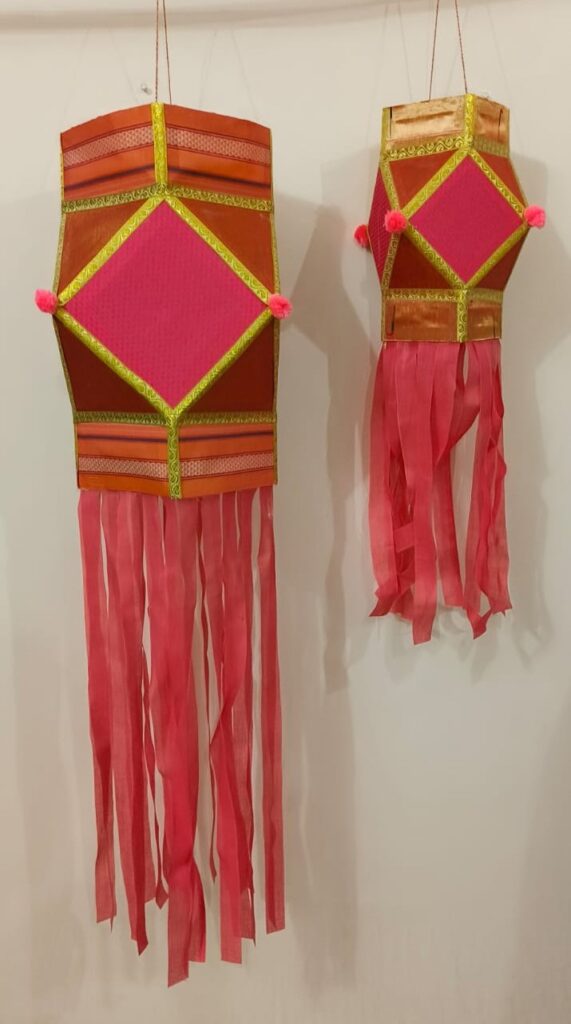 Image shows a bright handcrafted Diwali Lanter (Akash Kandil)