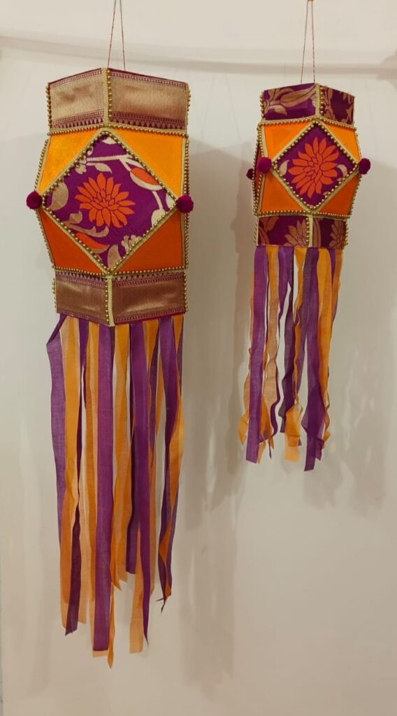 Image shows a vibrant multi colour Diwali Lantern (Akash Kandil)