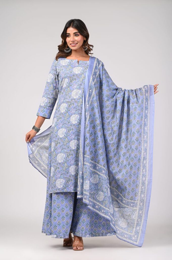 Image shows a model wearing a BLUE COTTON SUIT WITH PLAZZO