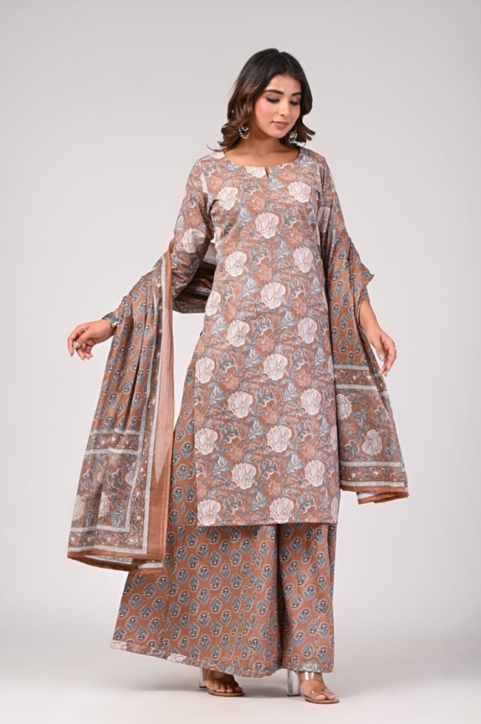 Image shows a model wearing a BROWN SELF PRINTED HSUIT WITH PLAZZO