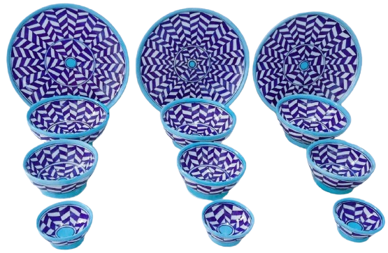 Image shows blue pottery decorative 3 plates and 9 bowl set