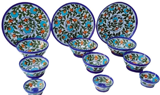 Image shows blue pottery decorative 3 plates and 9 bowl set