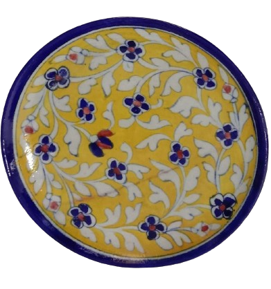 Image shows a yellow colour base blue pottery decorative plate