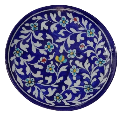 Image shows a blue pottery decorative plate