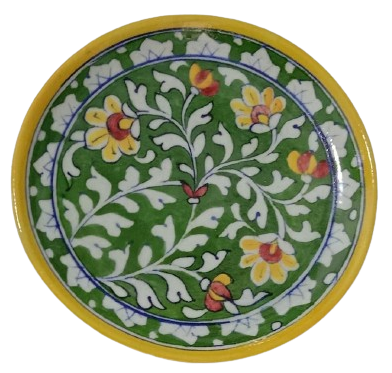 Image shows a green colour base blue pottery decorative plate
