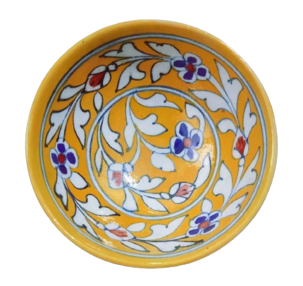 Image shows a blue pottery handcrafted Bowl with yellow base colour