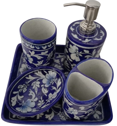 Image shows a blue pottery Handmade Bathroom 5 Piece Set