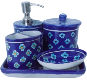 Image shows a blue pottery Handmade Bathroom 5 Piece Set