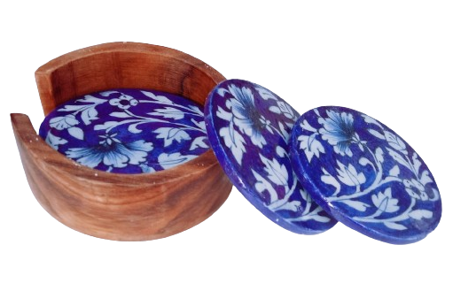 Image shows a Blue Pottery Handmade Traditional Tea Coaster Set of 9 - dark blue base colour
