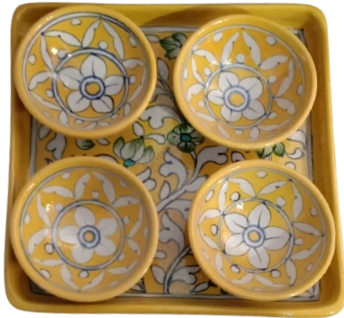 Image shows a Blue Pottery Handmade Tray And Bowls