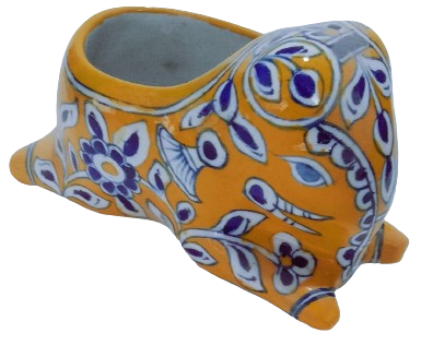 Image shows Elephant Design Blue Pottery Planter Pot - yellow colour
