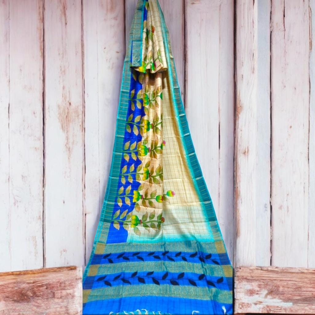 Image shows HANDLOOM TUSSAR SILK SAREEE WITH KALAMKARI PRINTS