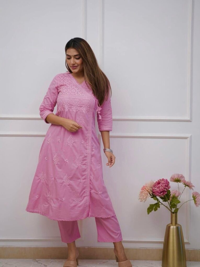 Image shows a model wearing a LUCKNOWI PINK Kurti set