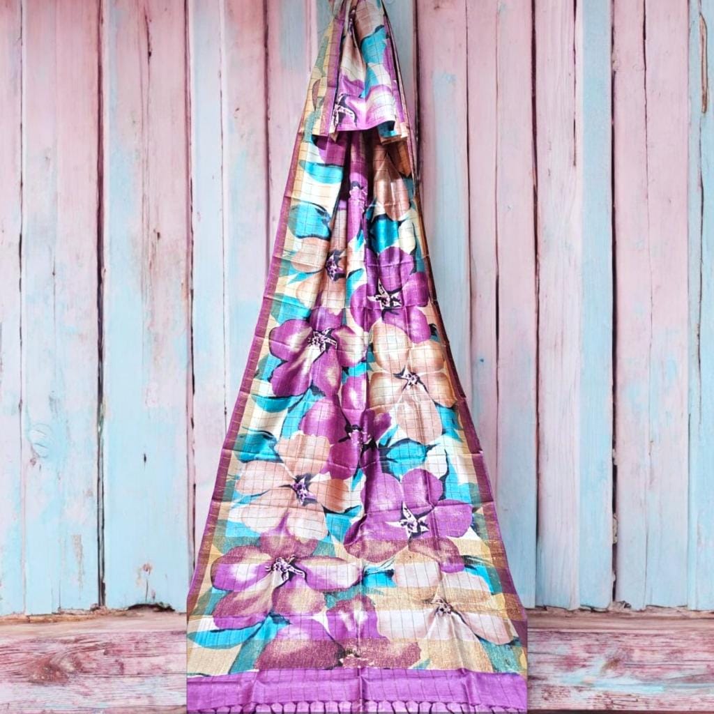 Image shows MURSHIDABAD SILK HAND BATIK PRINT SAREE