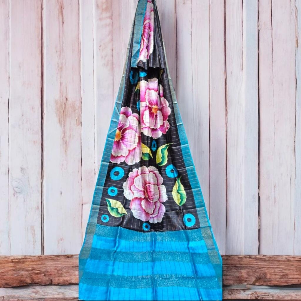 Image shows a blue coloured MURSHIDABAD SILK SAREES