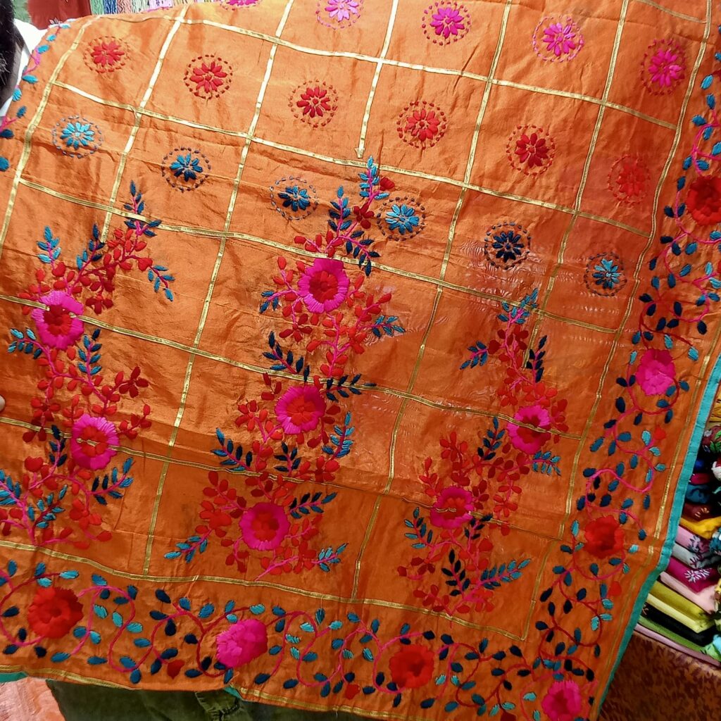 Image shows a Phulkari Dupatta in Orange colour
