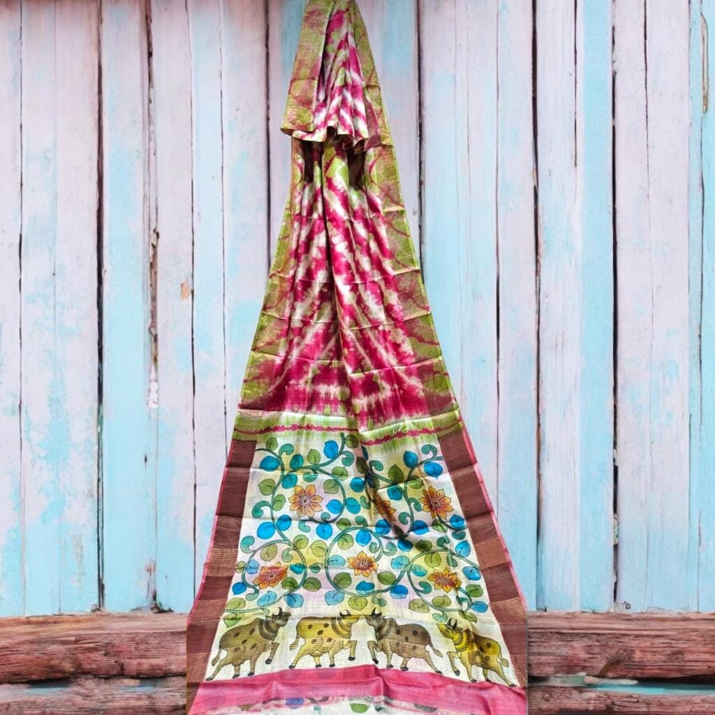 Image shows SHIBORI KALAMKARI CHECK ZARI TUSSA SILK SAREE