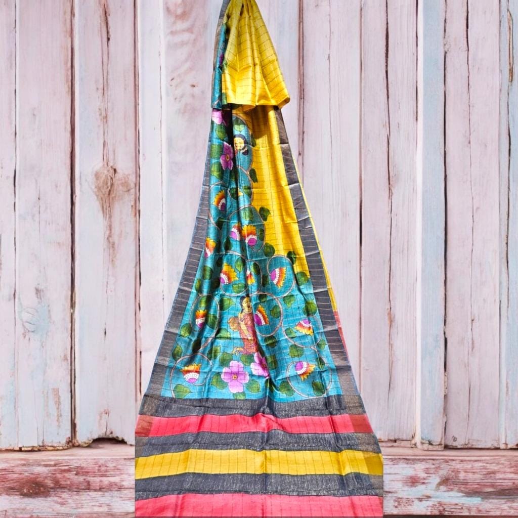 Image shows SHIBORI KALAMKARI CHECK ZARI TUSSAR SILK SAREE