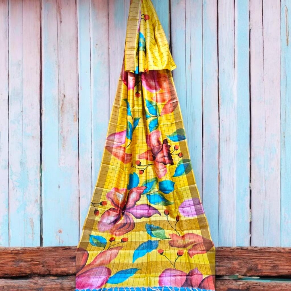 Image shows a yellow colour SHIBORI KALAMKARI CHECK ZARI TUSSAR SILK SAREE