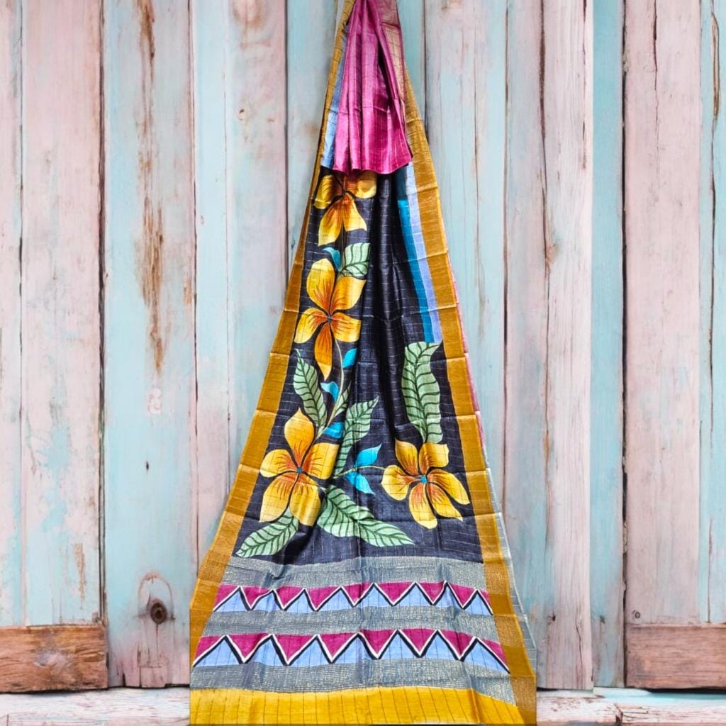 Image shows a black coloured SHIBORI KALAMKARI SOFT TISSUE SILK SAREE