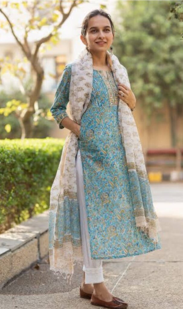 Image shows a model wearing SKY BLUE COTTON SUIT