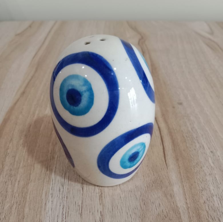 Image shows a blue pottery Salt & Pepper Dispenser