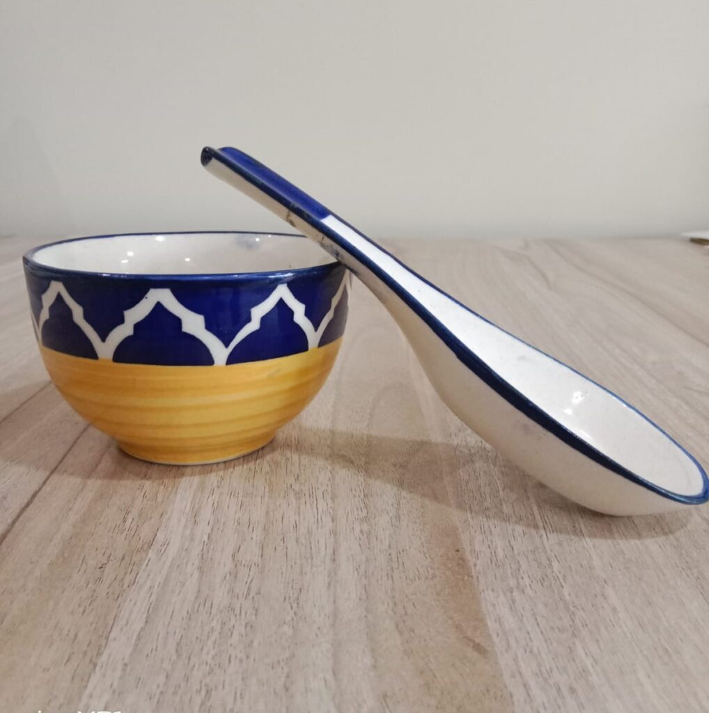 Image shows a blue pottery Soup Bowl with Spoon