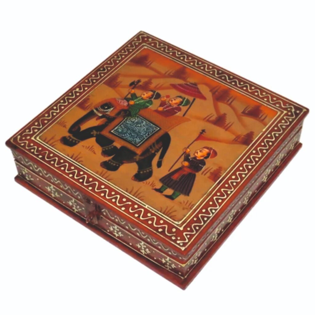 Image shows a wooden box with painting on top surface for home decor