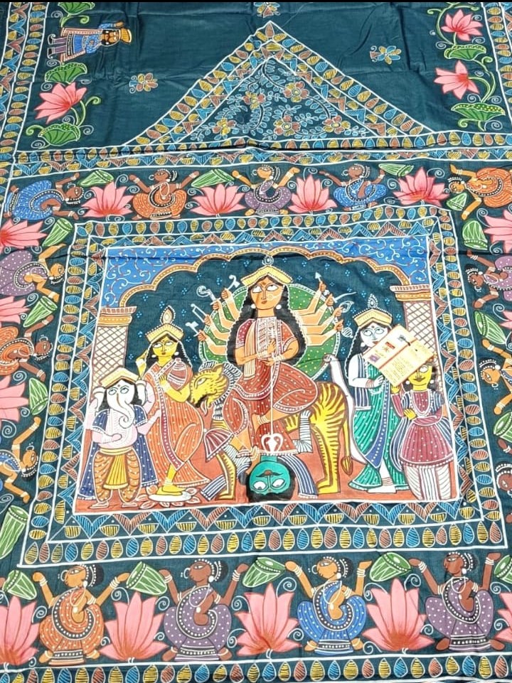 Image shows a Handpainted Pattachitra Folk Art Saree with divine images