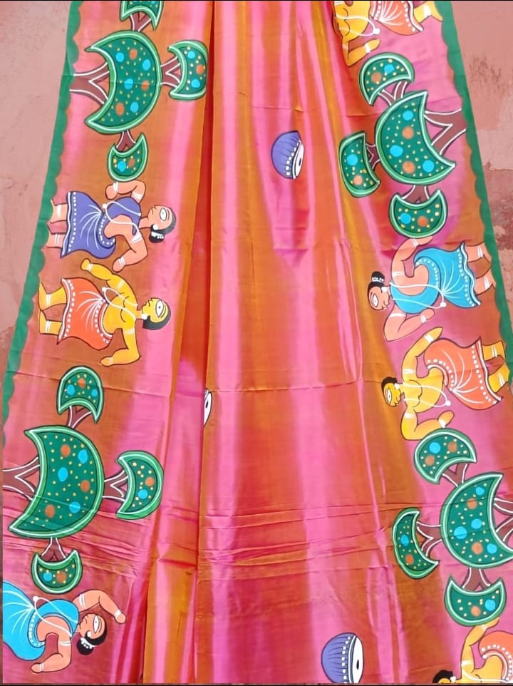 Image shows a Handpainted Pattachitra Folk Art Saree in dark peach colour