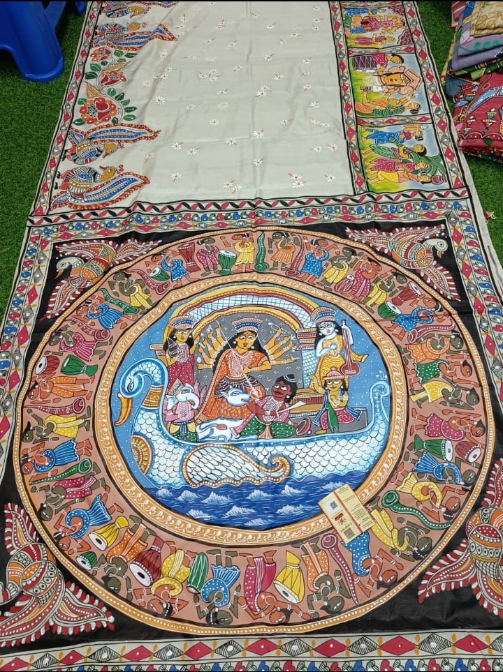 Image shows a Handpainted Pattachitra Folk Art Saree