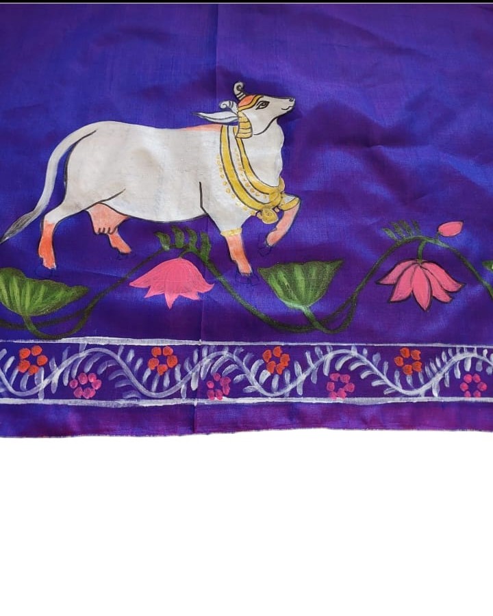 Image shows a handpainted PICHWAI SILK SAREE deep blue colour